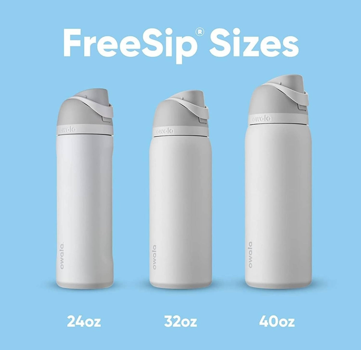 Insulated stainless steel water bottles in 24oz, 32oz, and 40oz sizes with gray caps