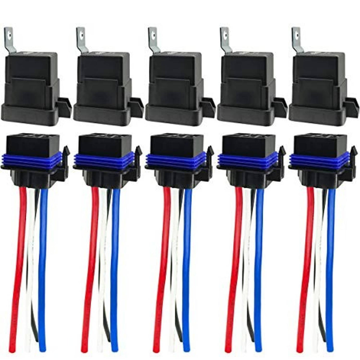 Five black relay units with blue base connectors and bundled red, blue, and white wires