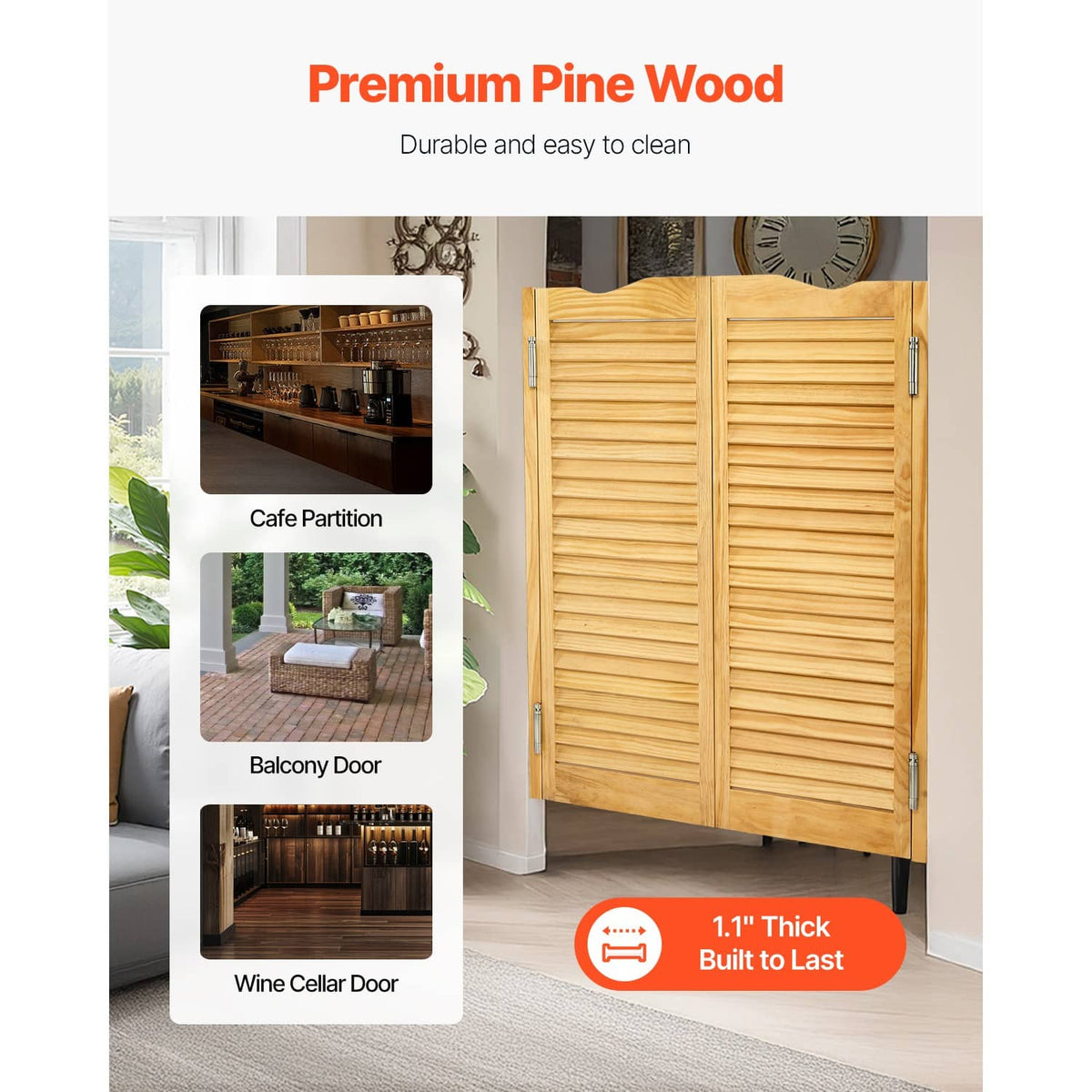 Pine wood double-swing saloon doors with horizontal shutter slats and hinged hardware