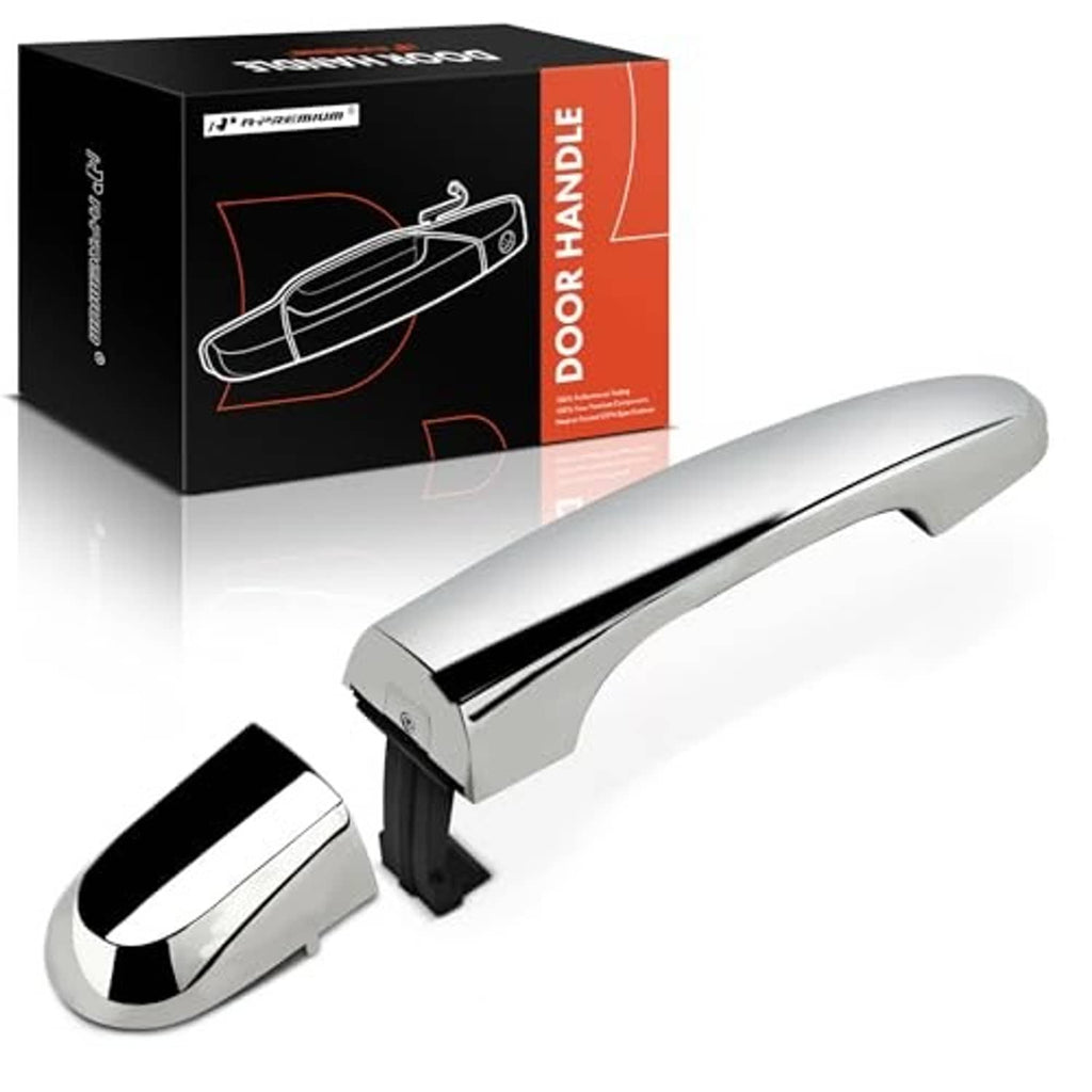Silver chrome front exterior door handle with black latch insert and mounting stem