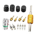 Air conditioning valve core removal kit with black caps, metal adapters, and seal pins