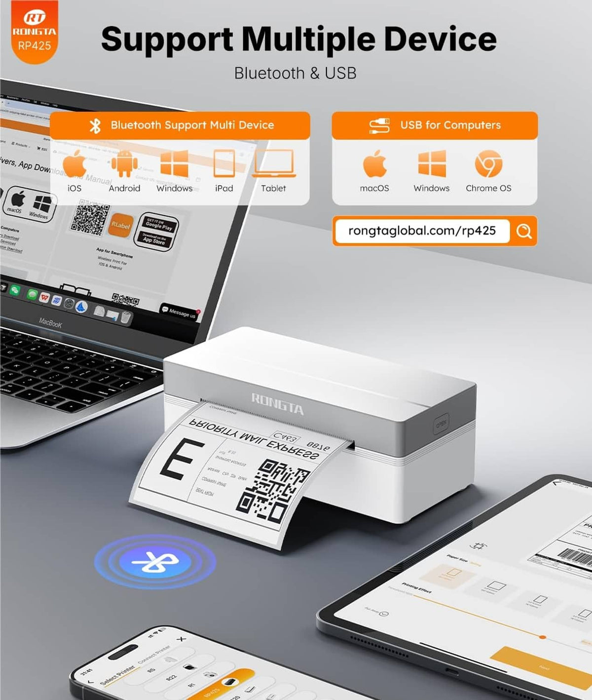 White thermal label printer on a laptop desk, printing a shipping label