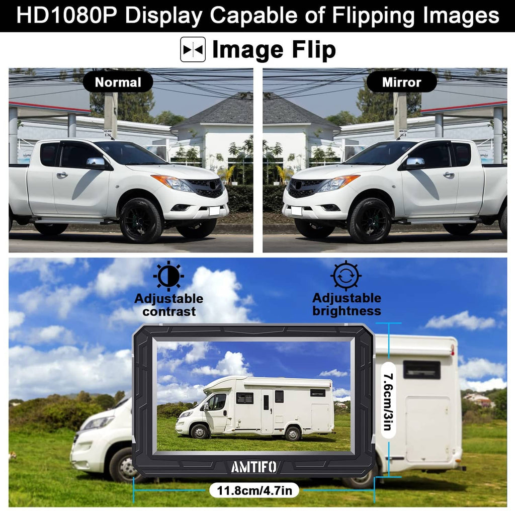 AMTIFO monitor with image flip normal and mirror view plus dimensions shown