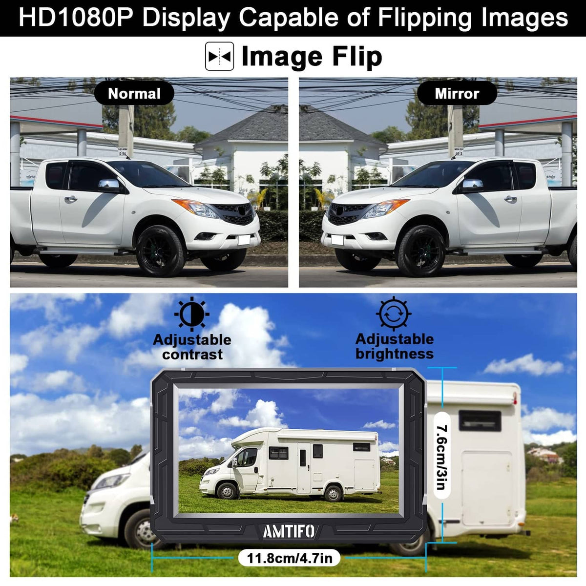 AMTIFO monitor with image flip normal and mirror view plus dimensions shown