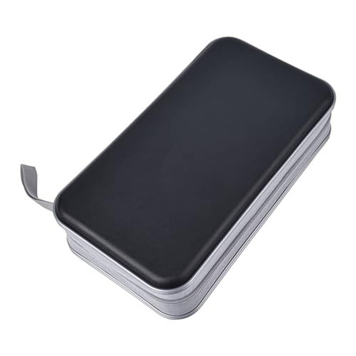 Black hard CD case with zipper, rounded corners, and small loop strap on side.