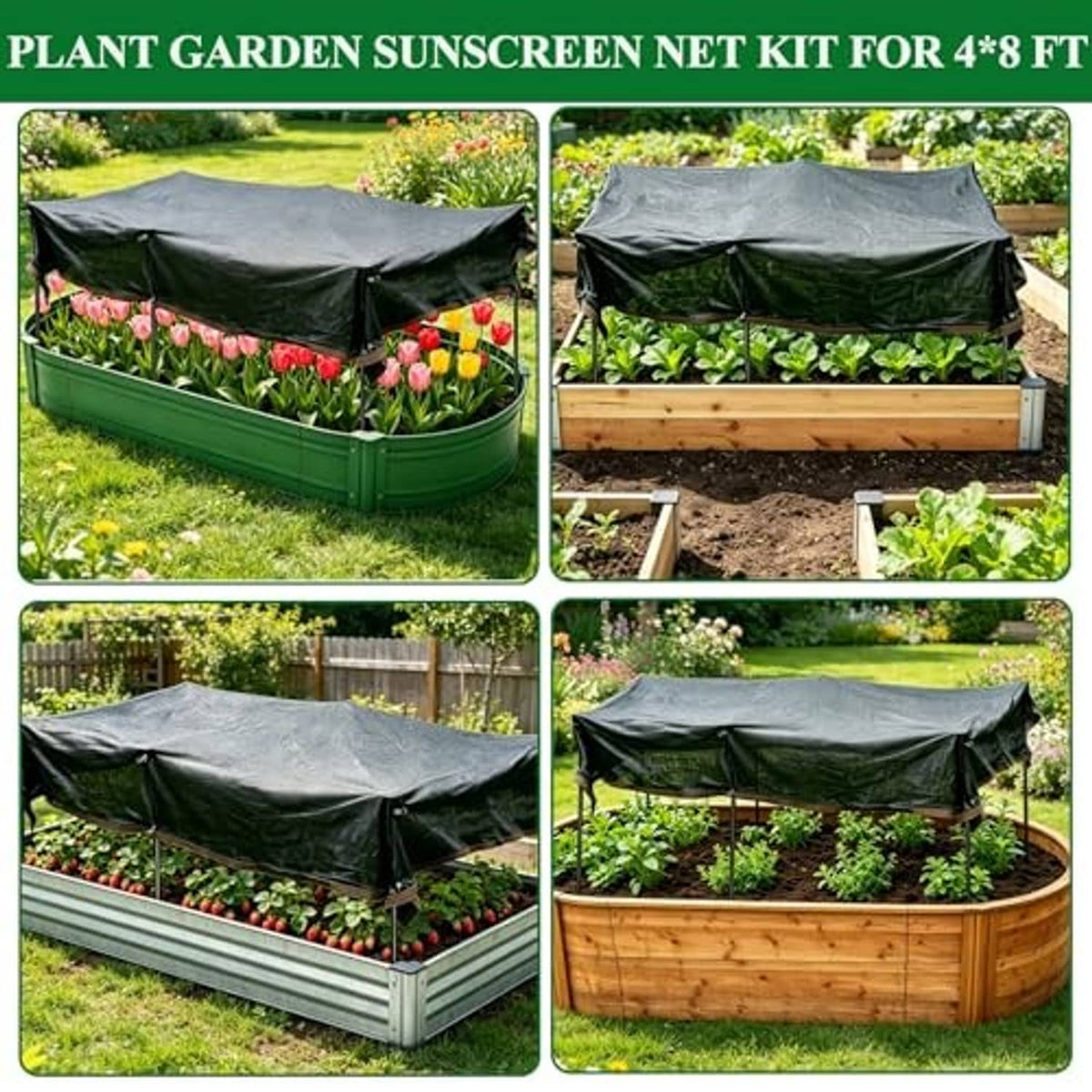 Plant garden sunshield net kit with dark canopy over raised beds