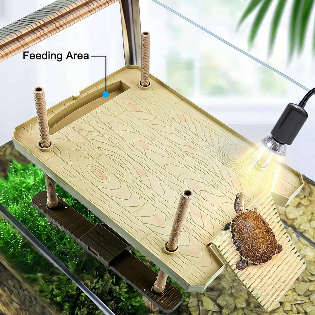 Turtle feeding area on floating basking platform with textured ramp and posts