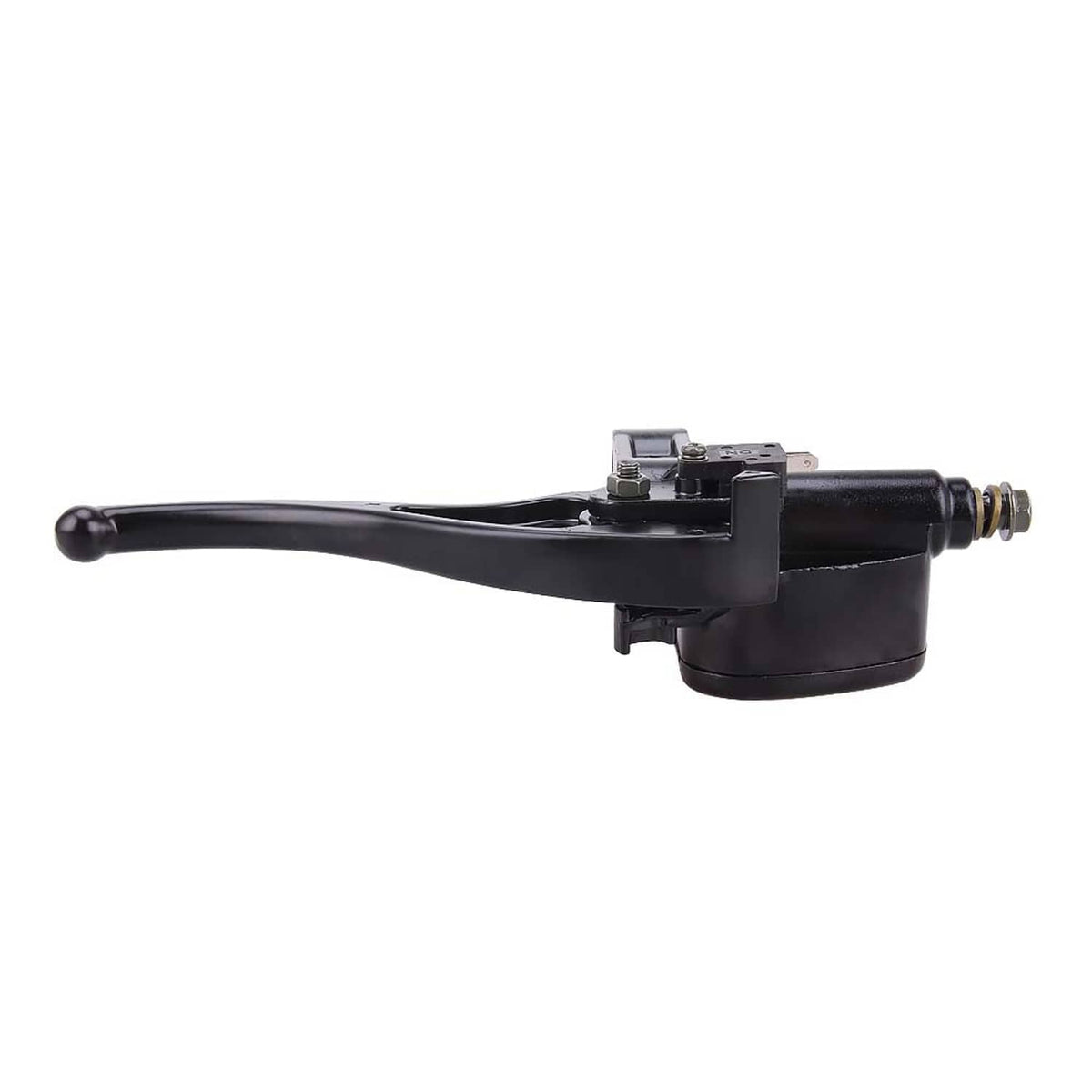 Front brake master cylinder with black lever, reservoir housing, and pipe fitting on end