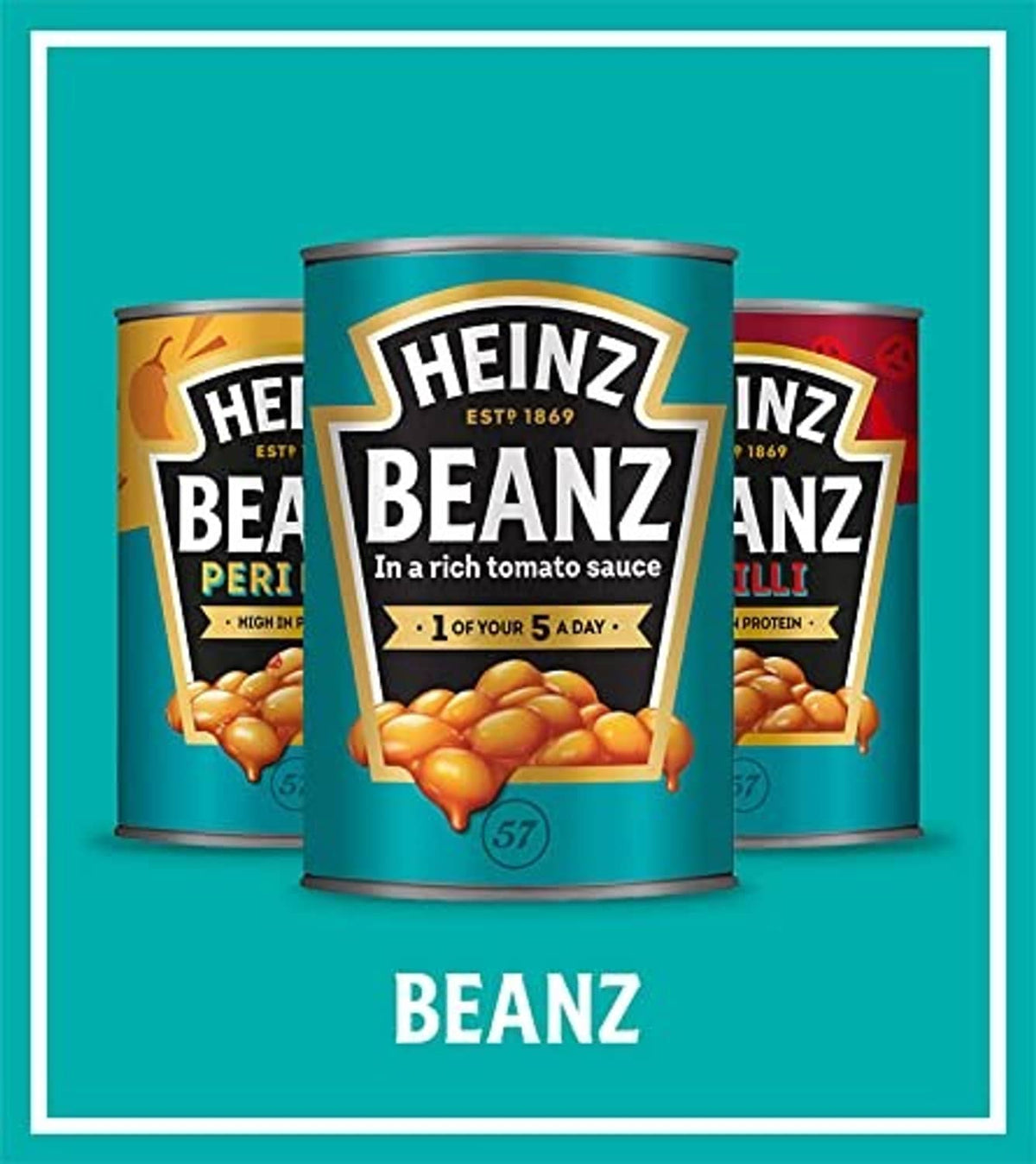 Stack of Heinz baked beans cans on teal promotional background