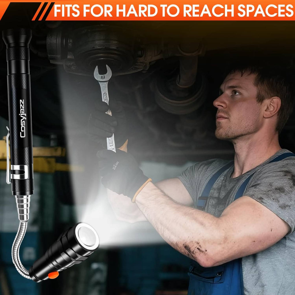 Black LED magnetic pickup tool with flexible neck reaching into hard-to-reach spaces