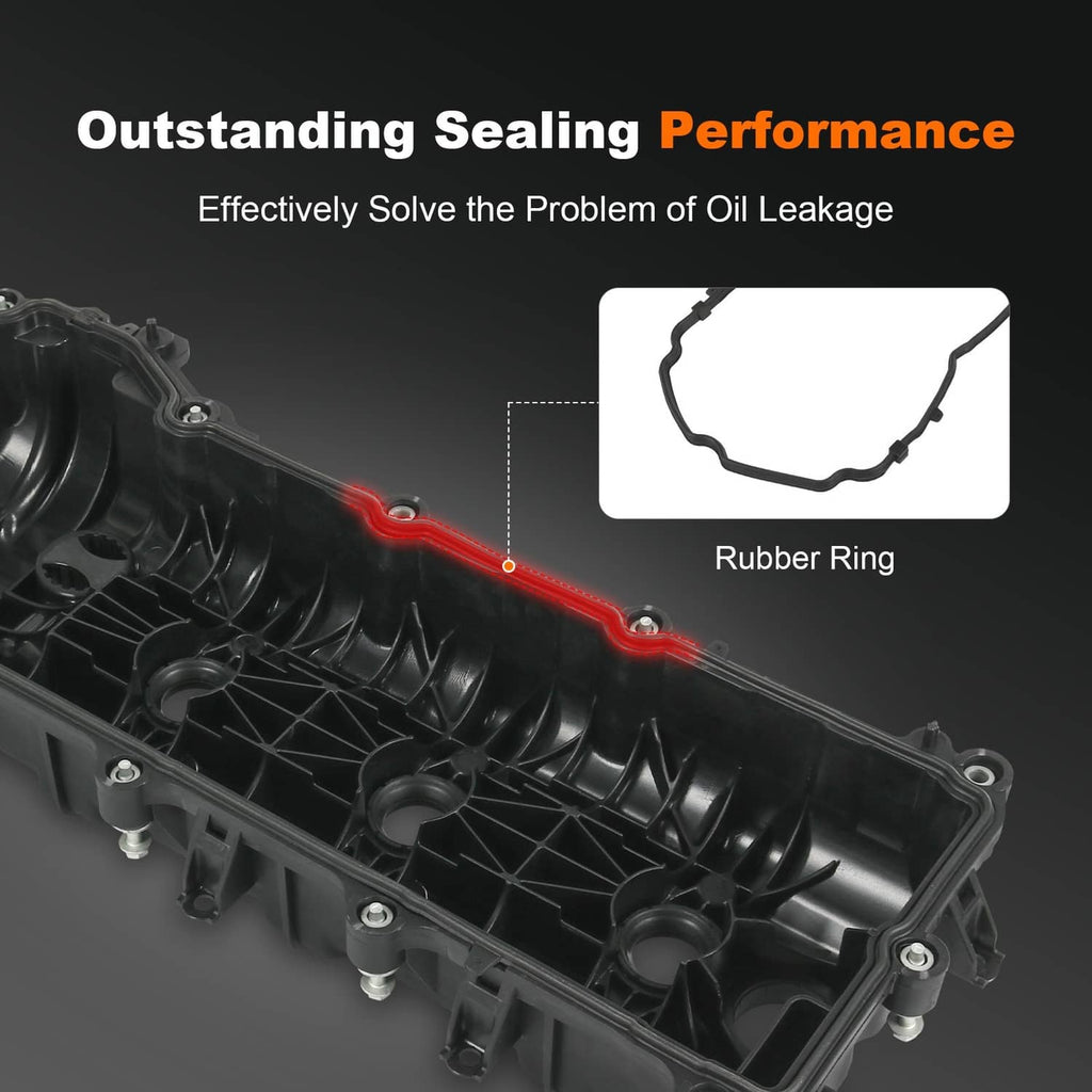 Black valve cover with rubber ring seal detail and gasket outline graphic.