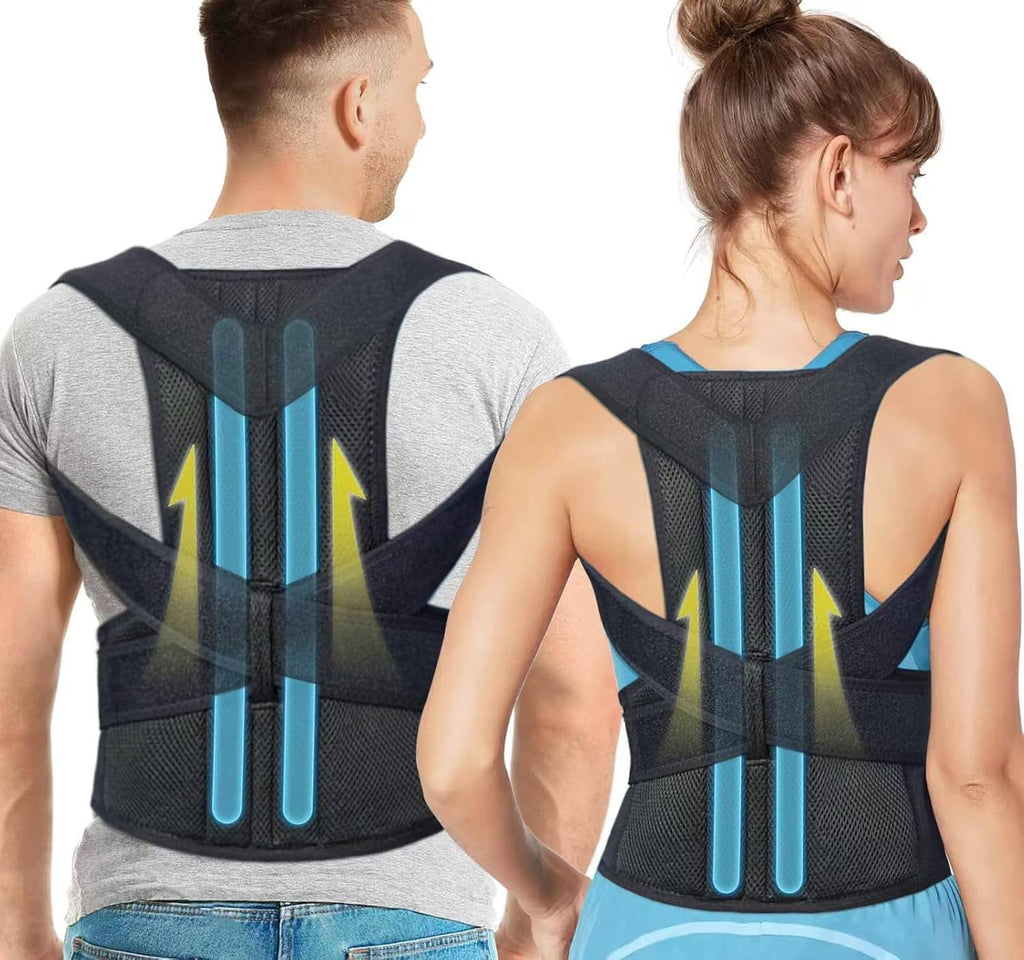 Back brace posture corrector worn by man and woman, black mesh with blue support columns—rear view