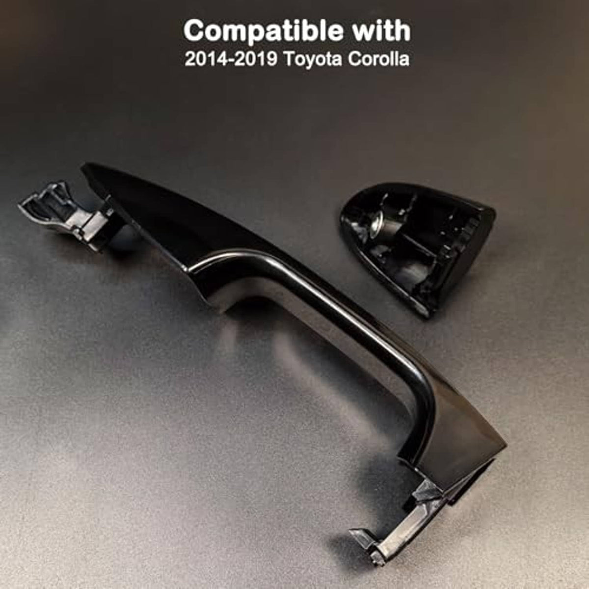 Black exterior door handle with mounting parts and interior backing piece