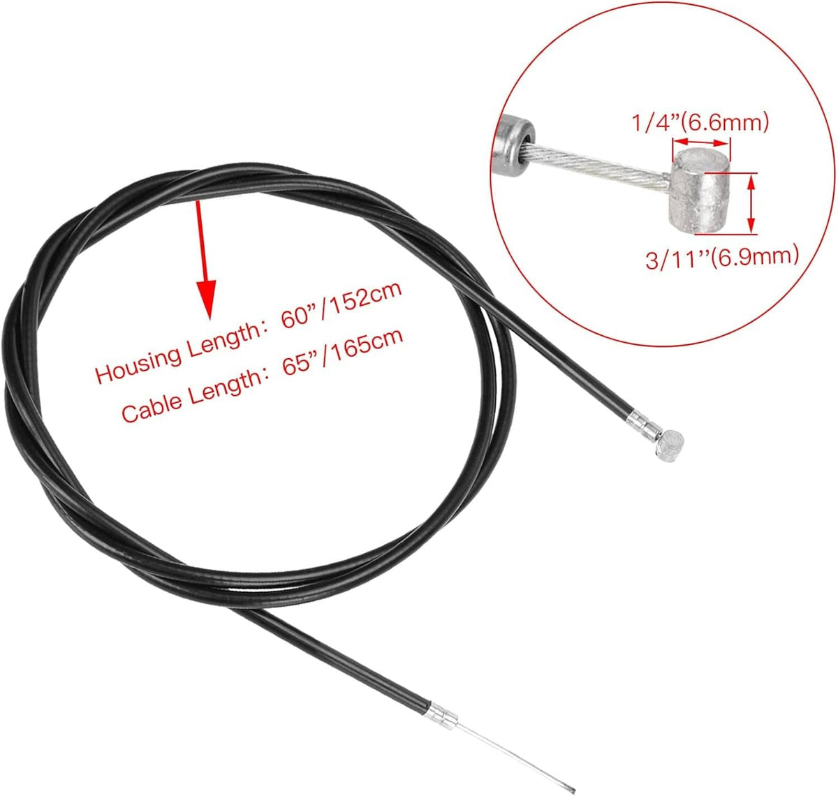 Universal throttle cable with size callouts; black housing and 1/4-inch barrel end.