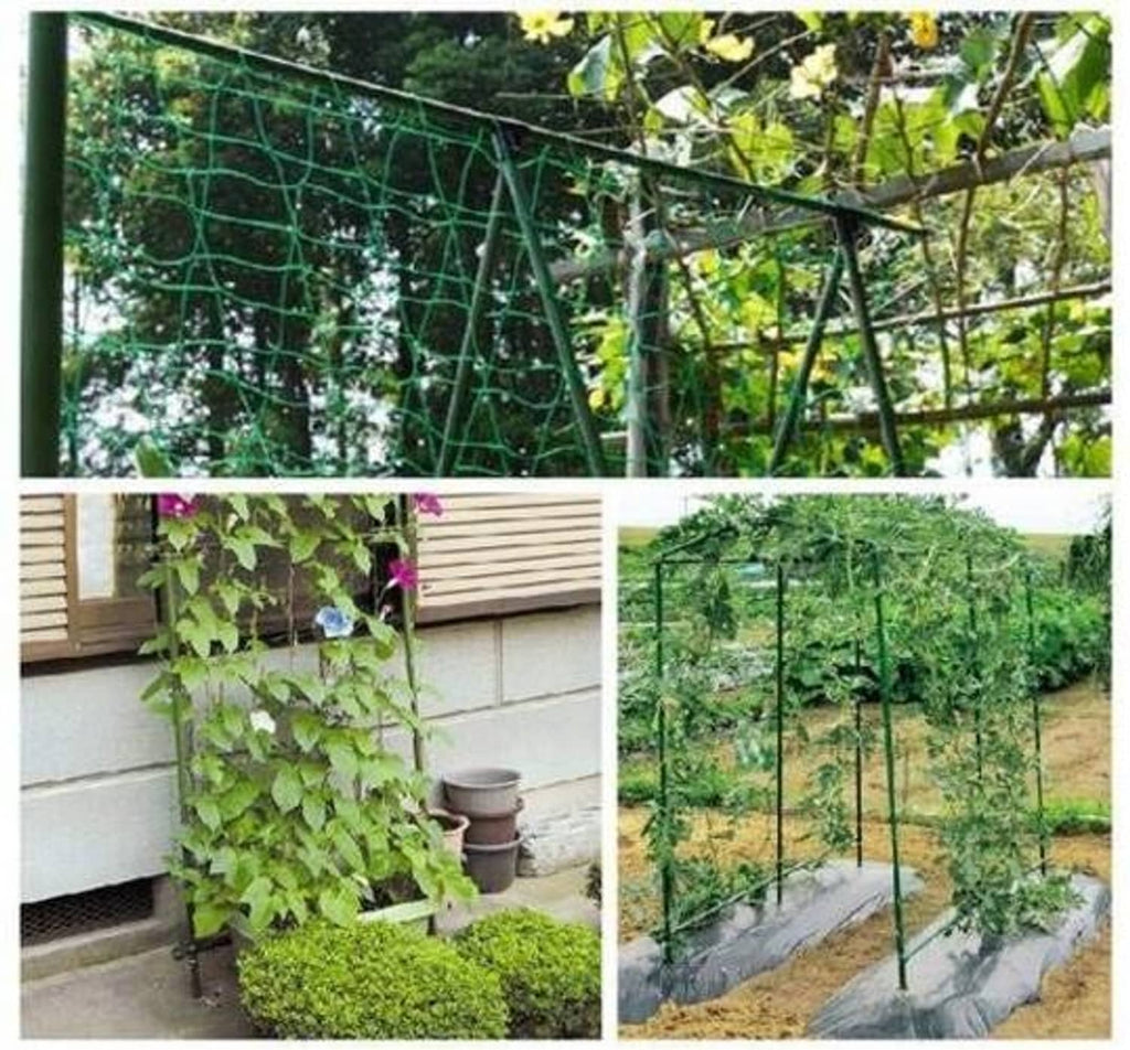 Green garden trellis netting panels for supporting growing vines and plants