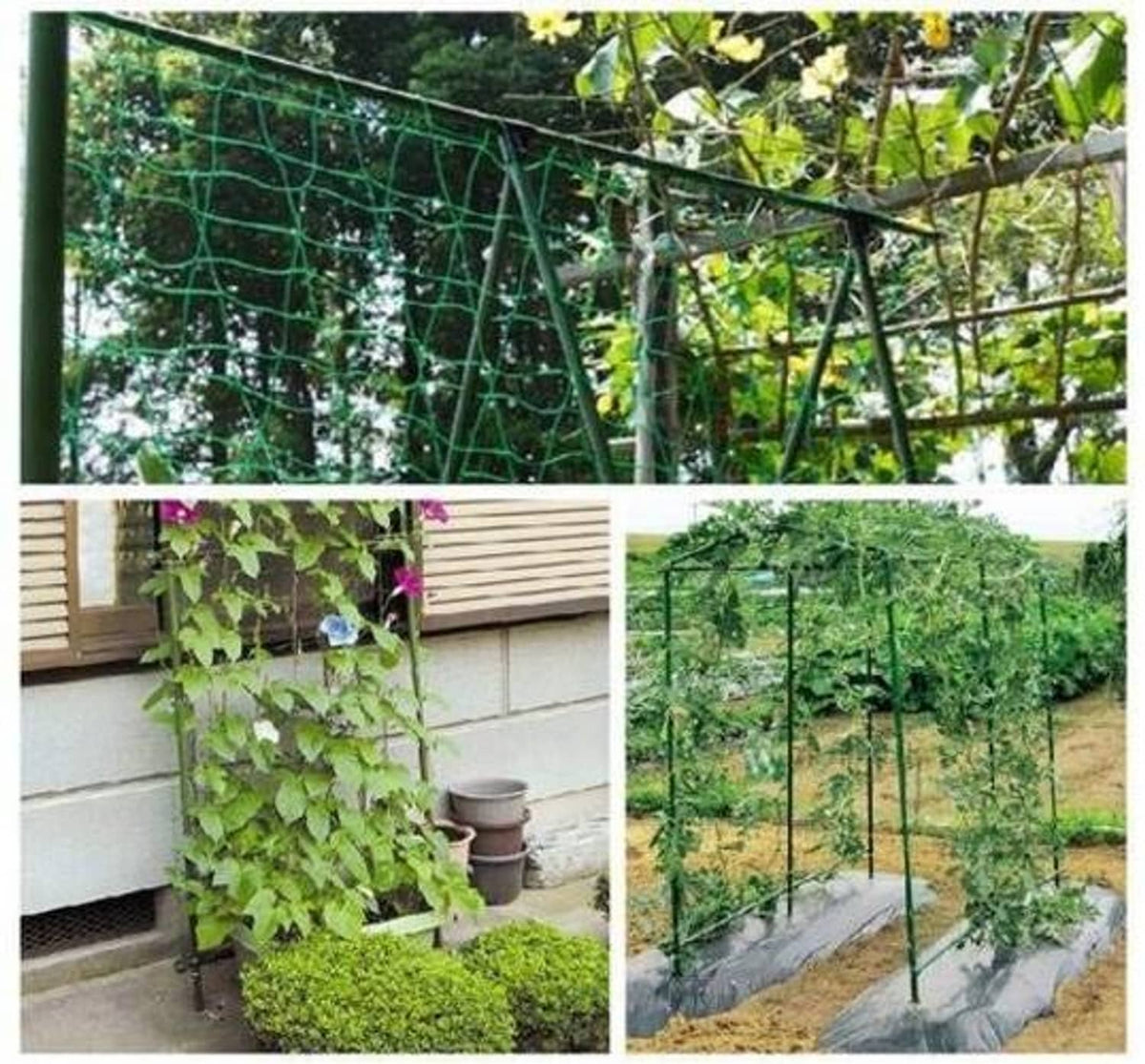 Green garden trellis netting panels for supporting growing vines and plants