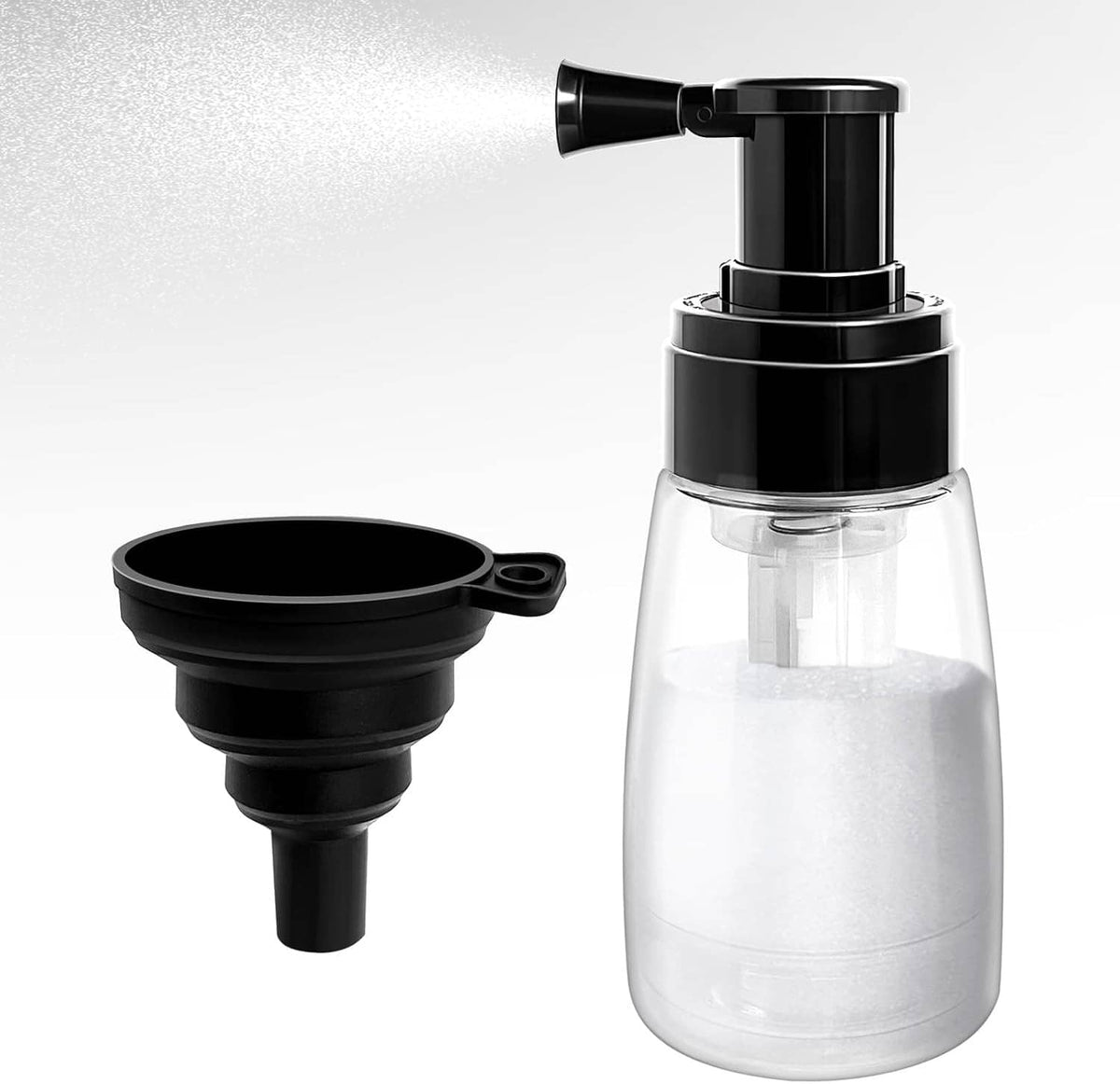 Clear powder duster bottle with black sprayer head and detachable funnel piece