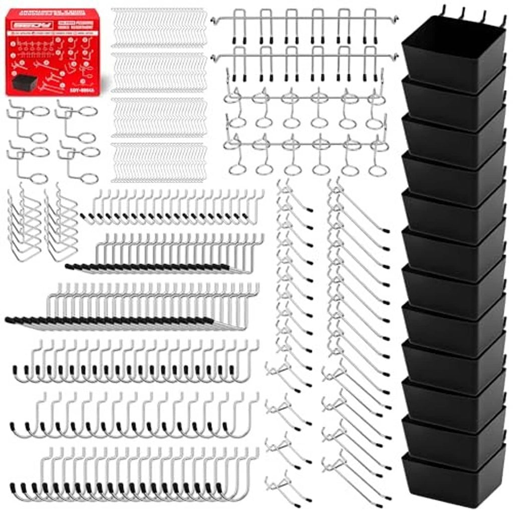 Pegboard hook set with silver S-hooks, plus black tiered organizer bins
