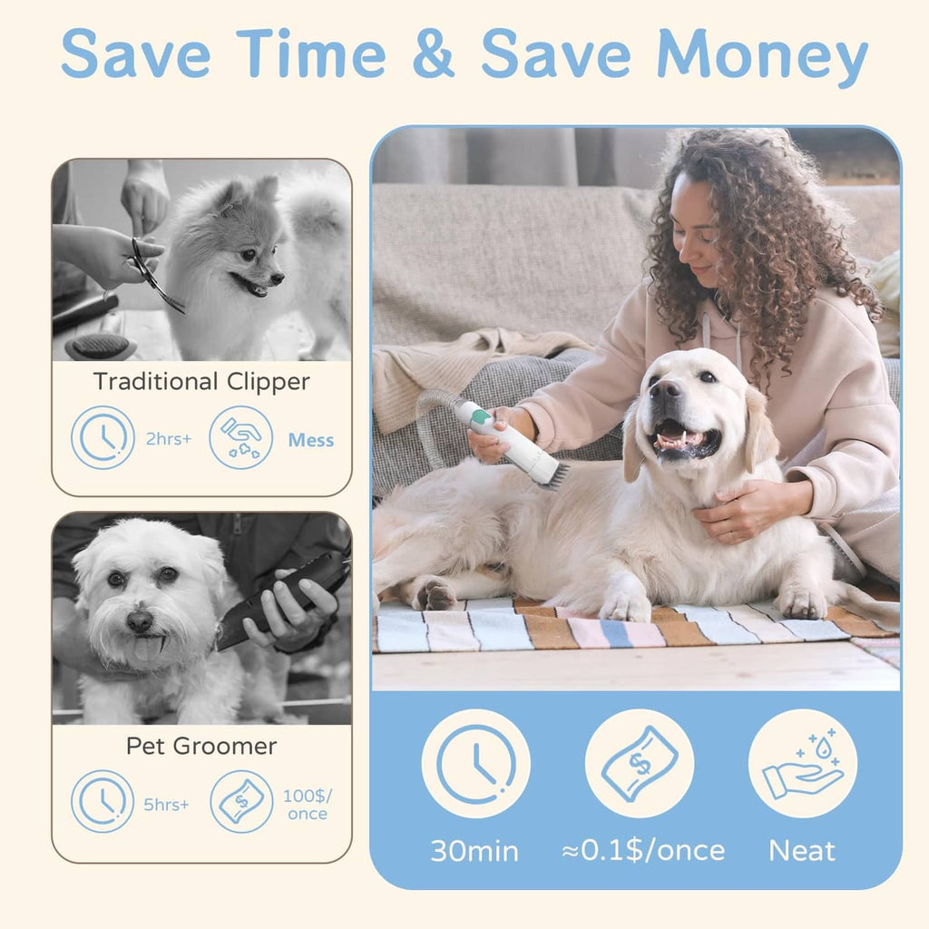 Pet grooming vacuum kit promotion with traditional clipper and time-saving comparison icons