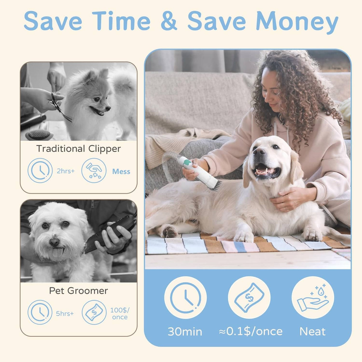 Pet grooming vacuum kit promotion with traditional clipper and time-saving comparison icons
