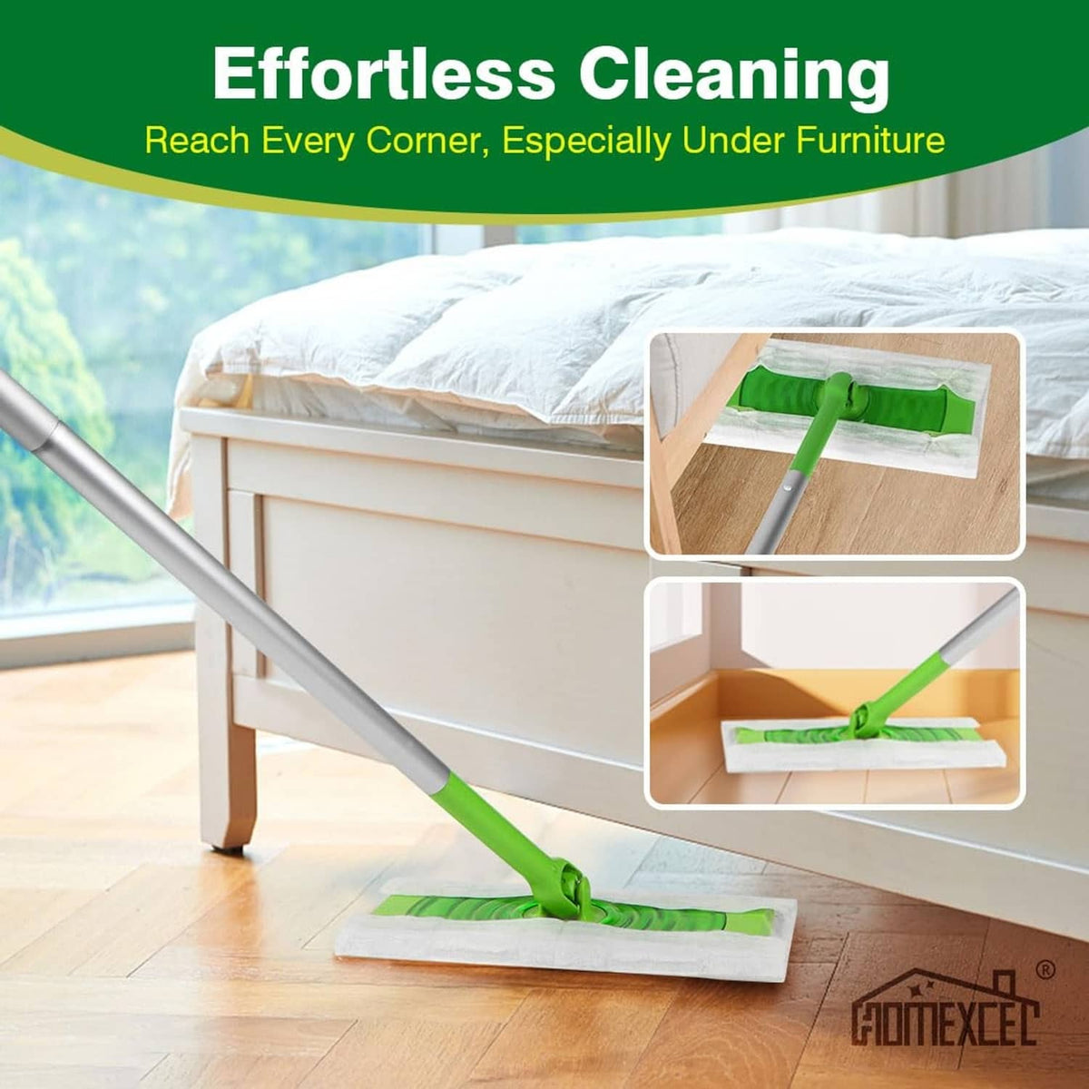White dry sweeping cloth pad on green flat mop for reaching corners