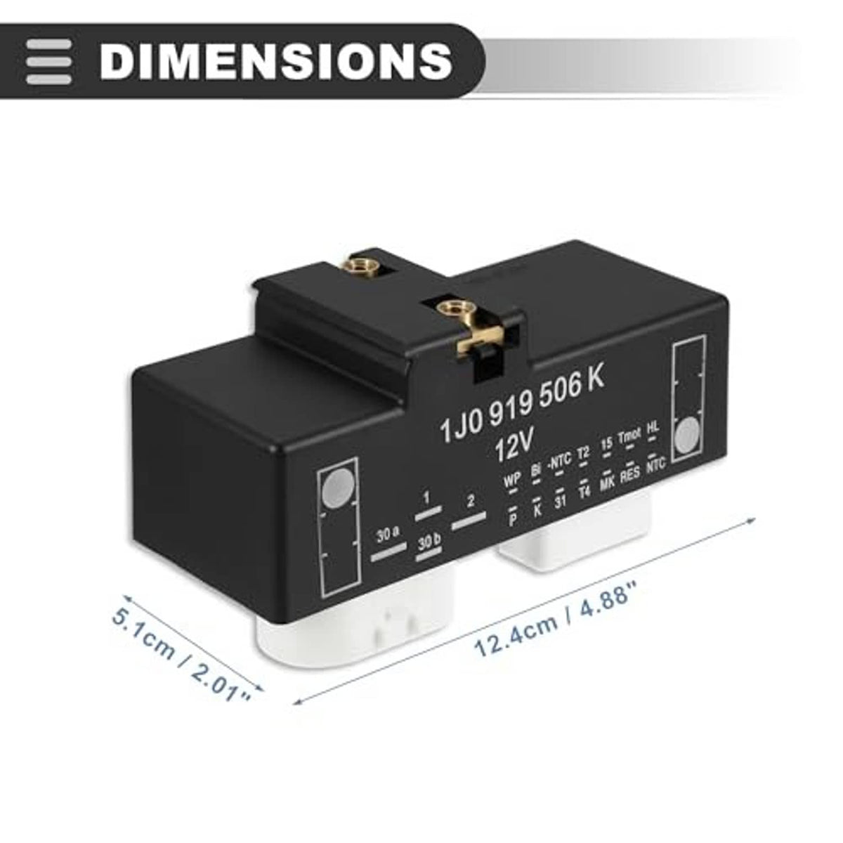 Black radiator cooling fan relay control module with printed markings and size dimensions