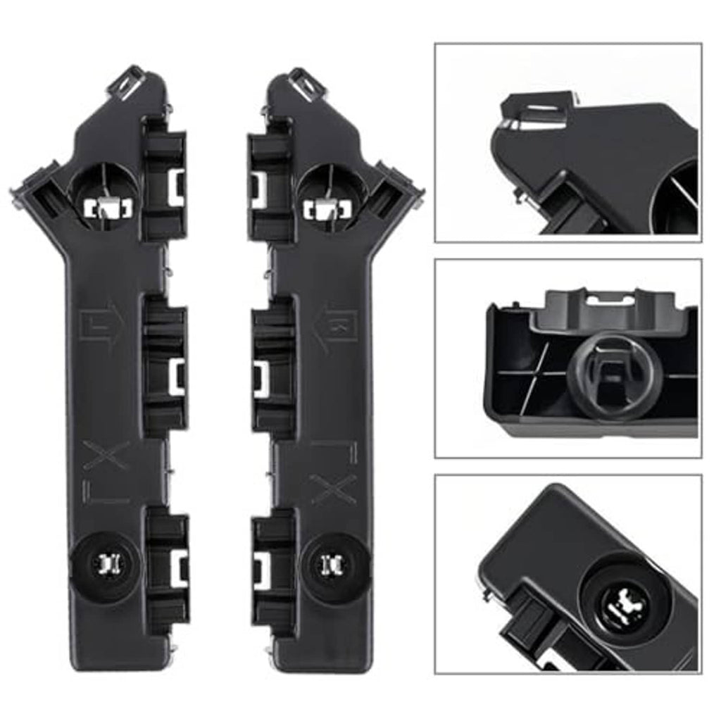 Two black bumper cover brackets with molded channels, clips, and screw holes