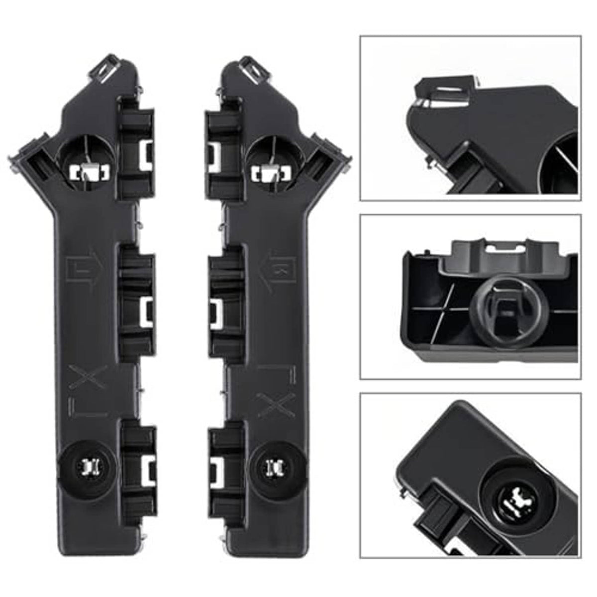 Two black bumper cover brackets with molded channels, clips, and screw holes