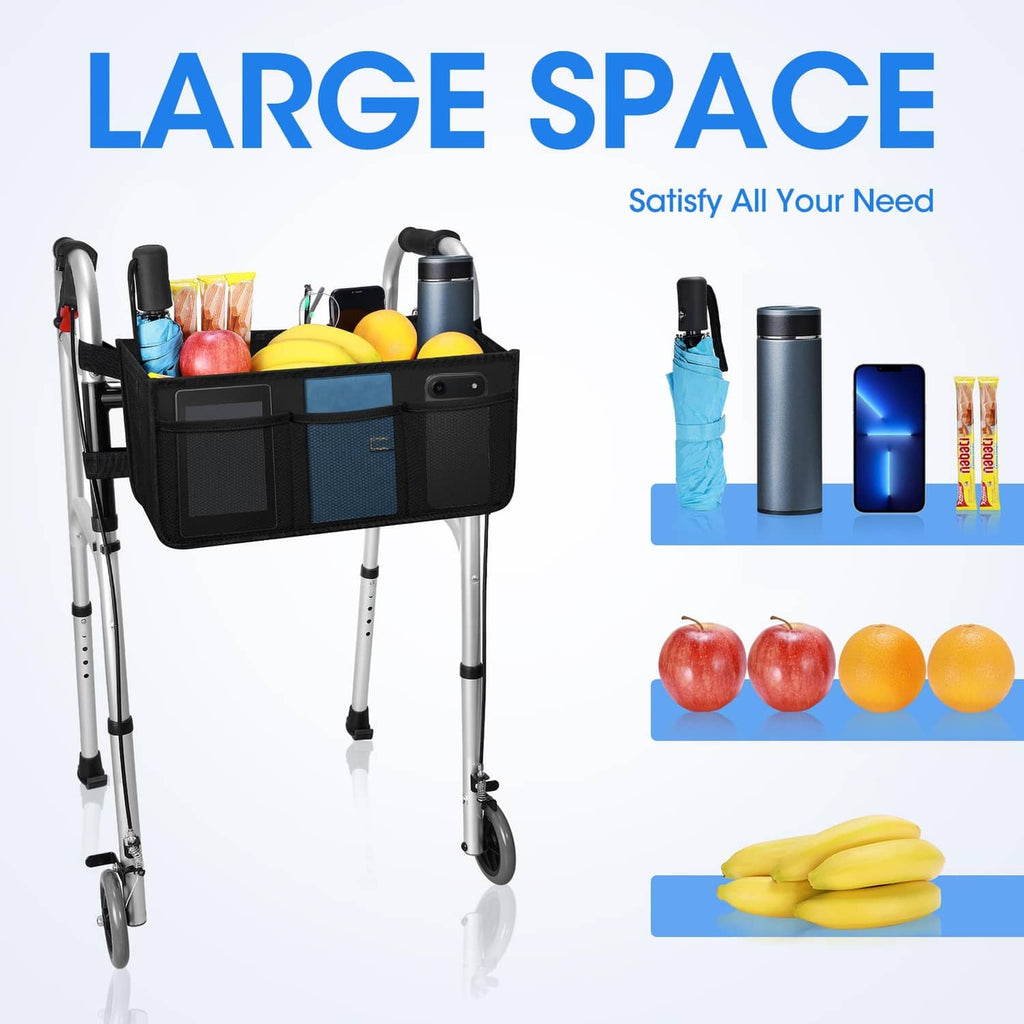Black walker basket with blue center panel and side mesh pockets attached to walker