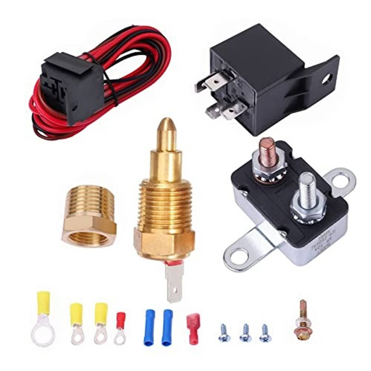 Electric fan relay thermostat kit components with wiring harness, brass sensors, terminals