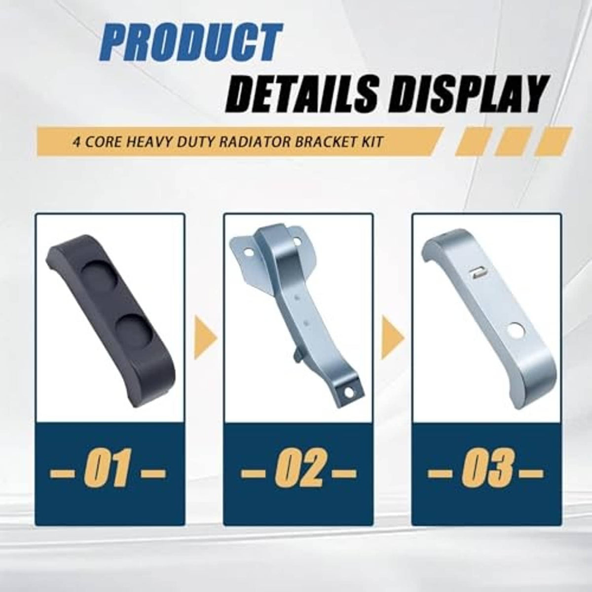 Radiator bracket kit product details showing dark and light blue bracket designs