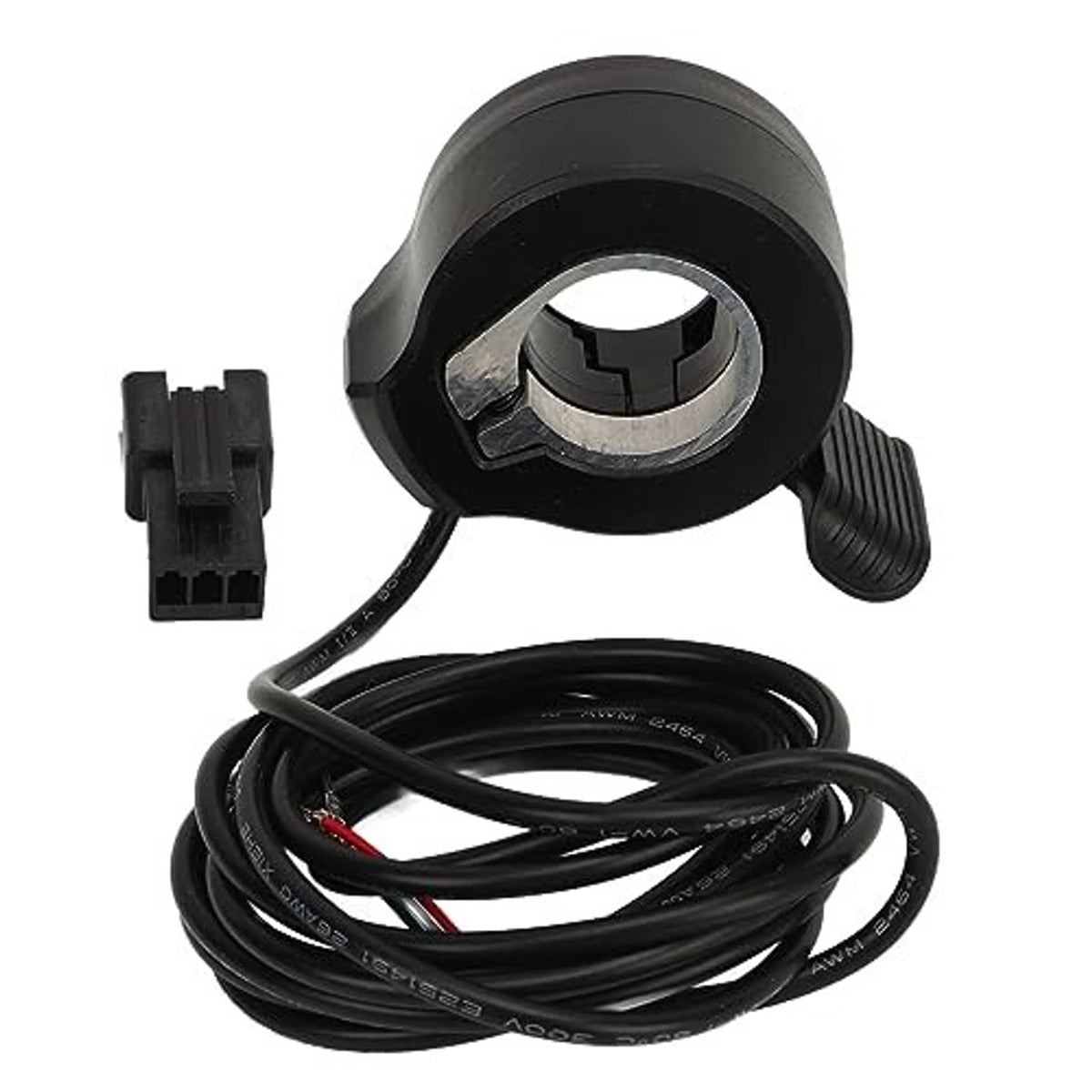 Thumb throttle speed controller with black housing, ribbed grip, and connector