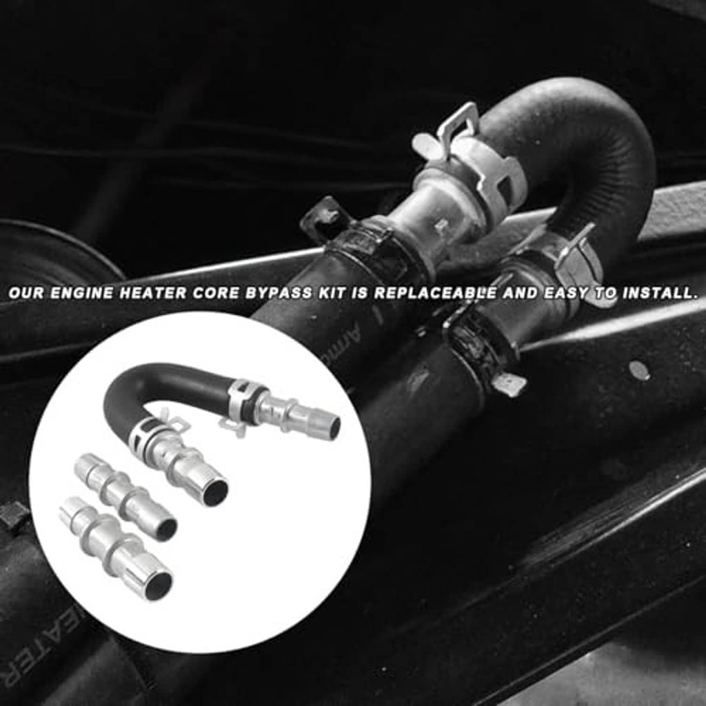 Engine bay heater core bypass kit: black rubber hose with silver connectors and clamps