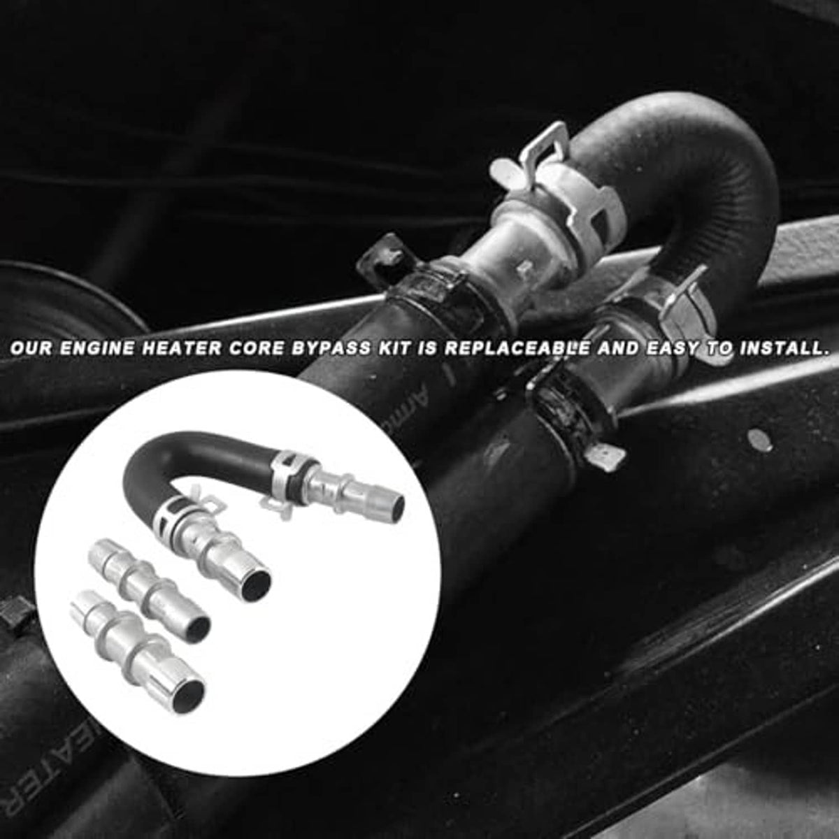 Engine bay heater core bypass kit: black rubber hose with silver connectors and clamps