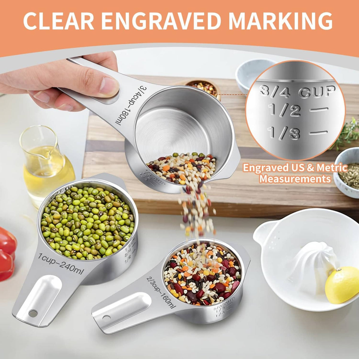 Stainless steel measuring cup with clear engraved US and metric measurements