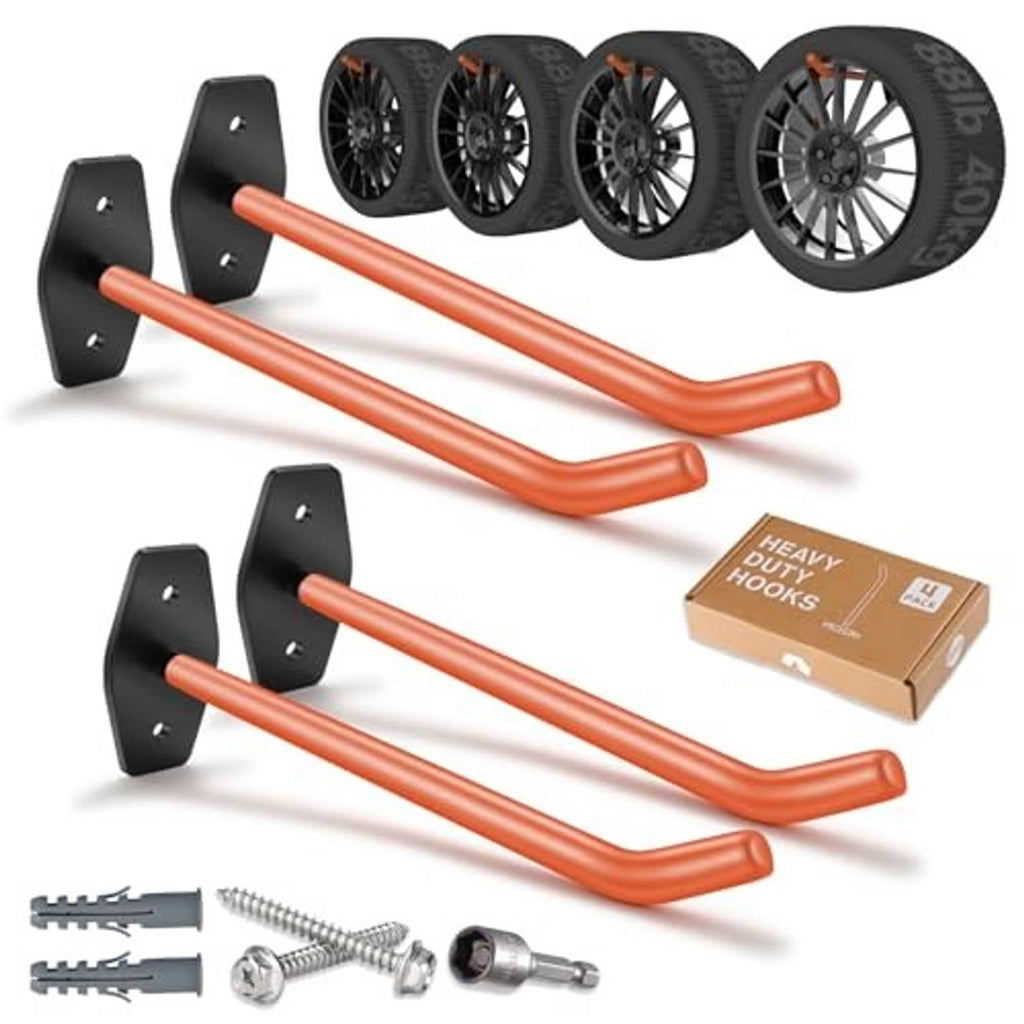 4-pack garage wall hooks with orange curved arms and black L-mount brackets