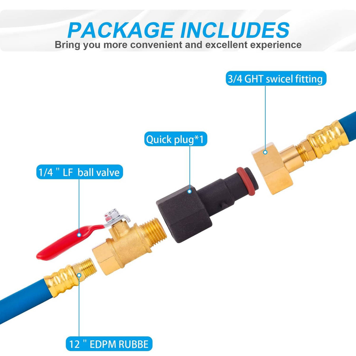 Brass adapters with black ball valve and red lever on blue hose
