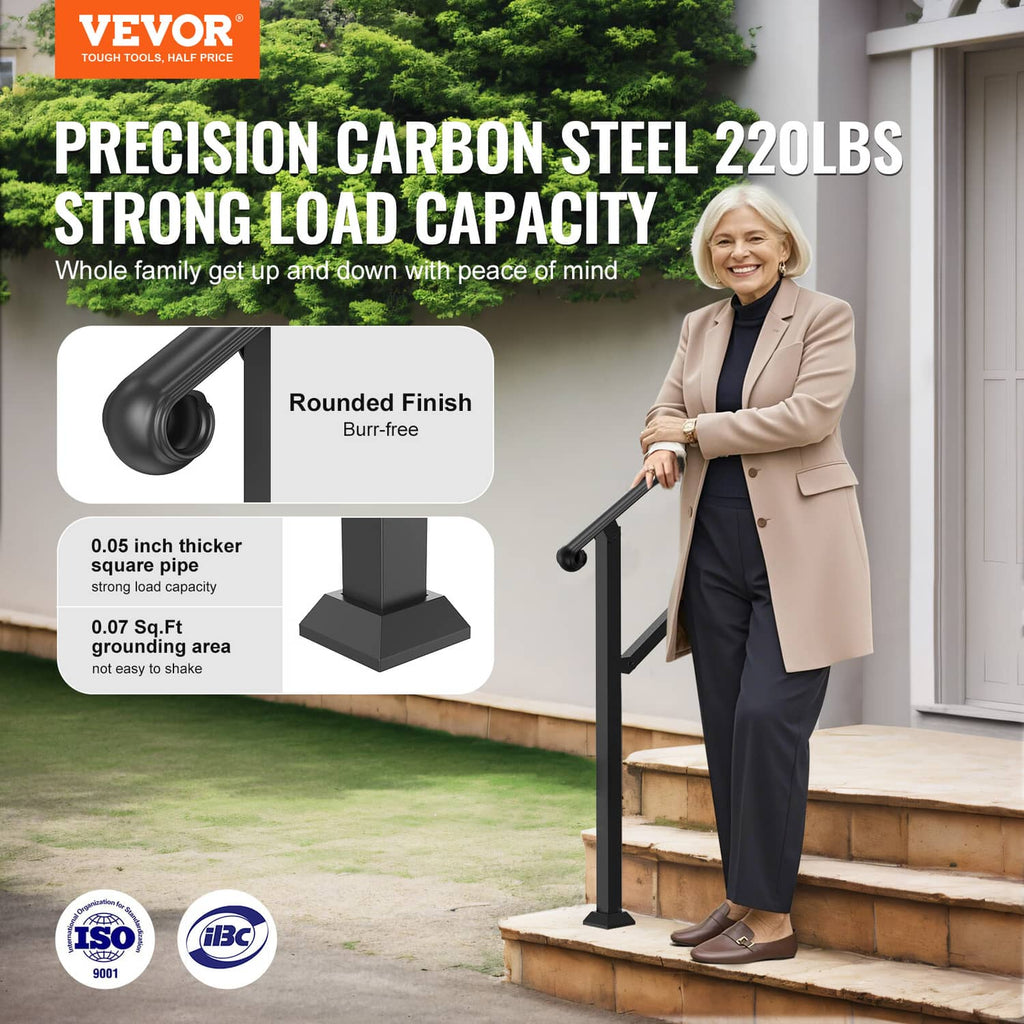 Black outdoor stair handrail with rounded grip and vertical posts