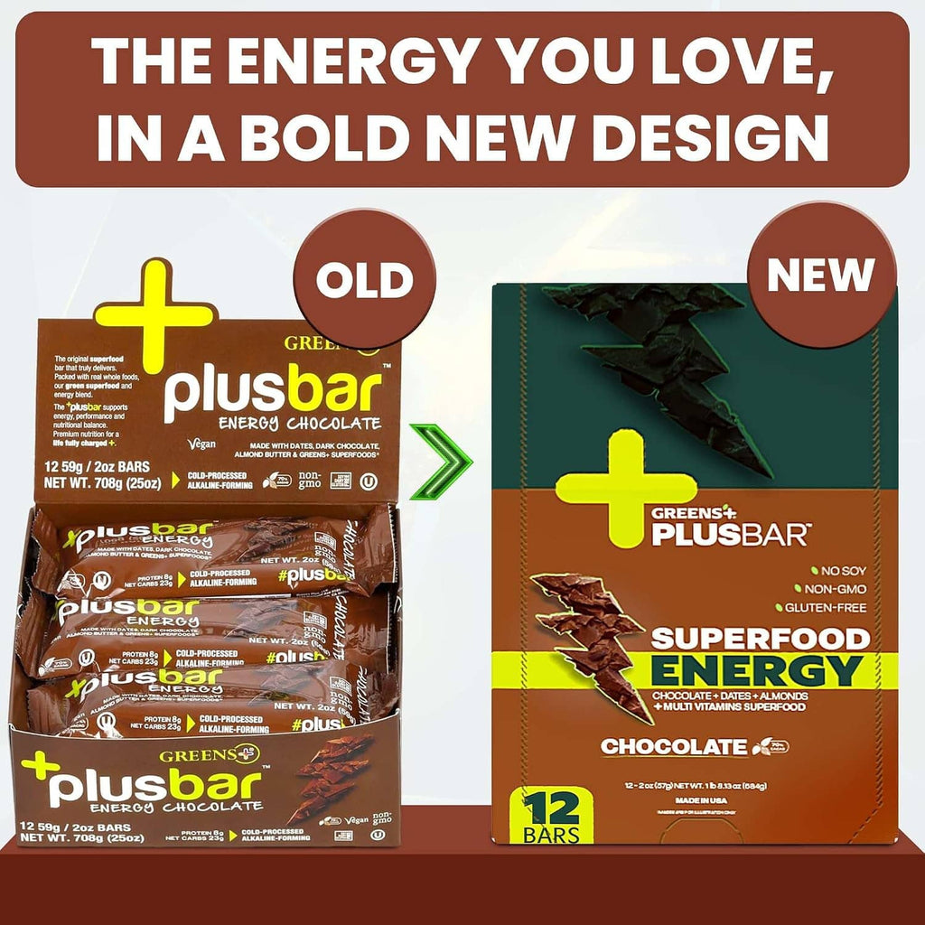 Plusbar energy chocolate product lineup showing old and new designs on packaging cards.
