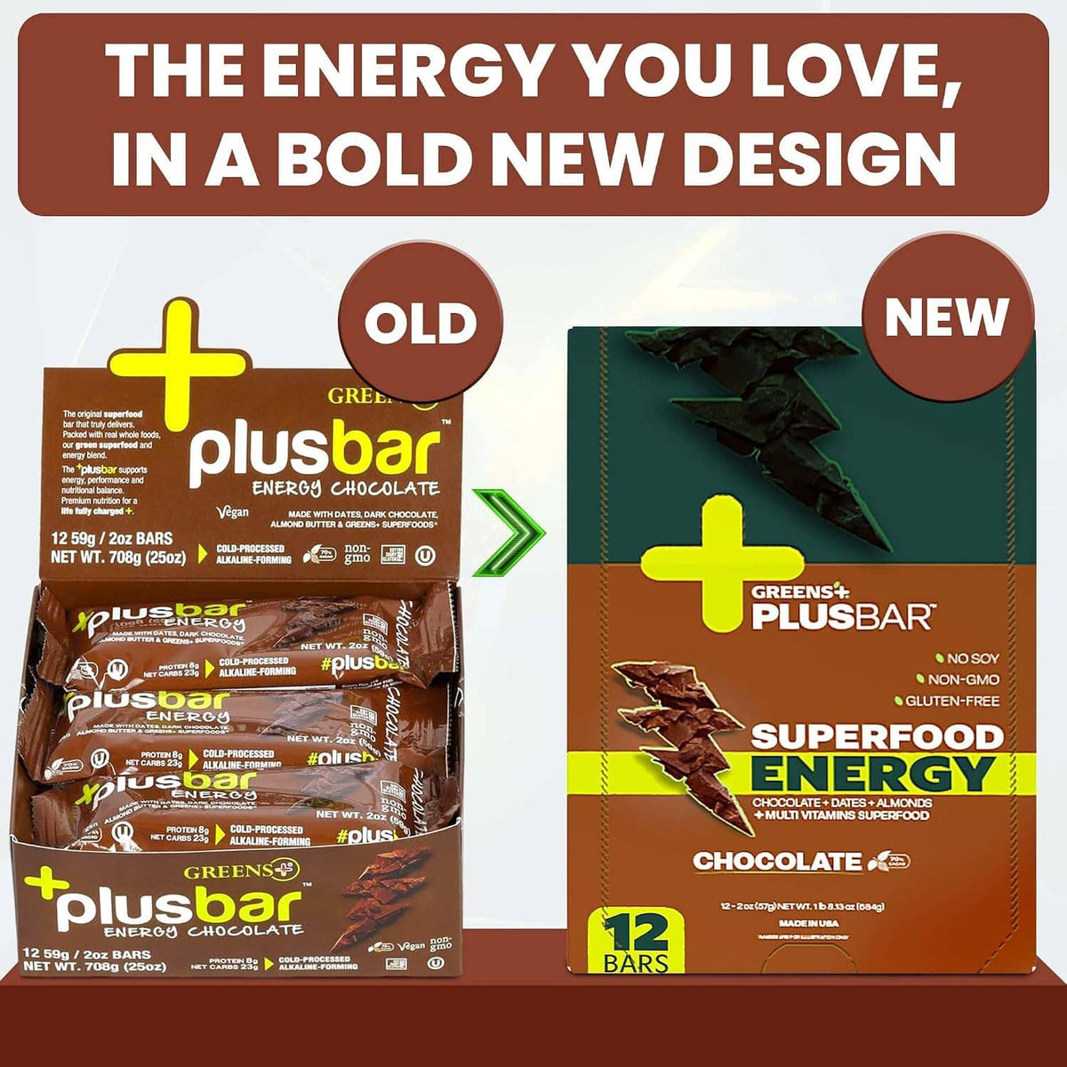 Plusbar energy chocolate product lineup showing old and new designs on packaging cards.