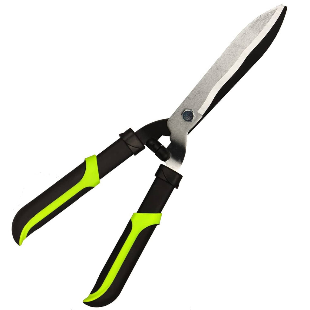 Green hedge clippers with black grips and silver blades, folding scissor design