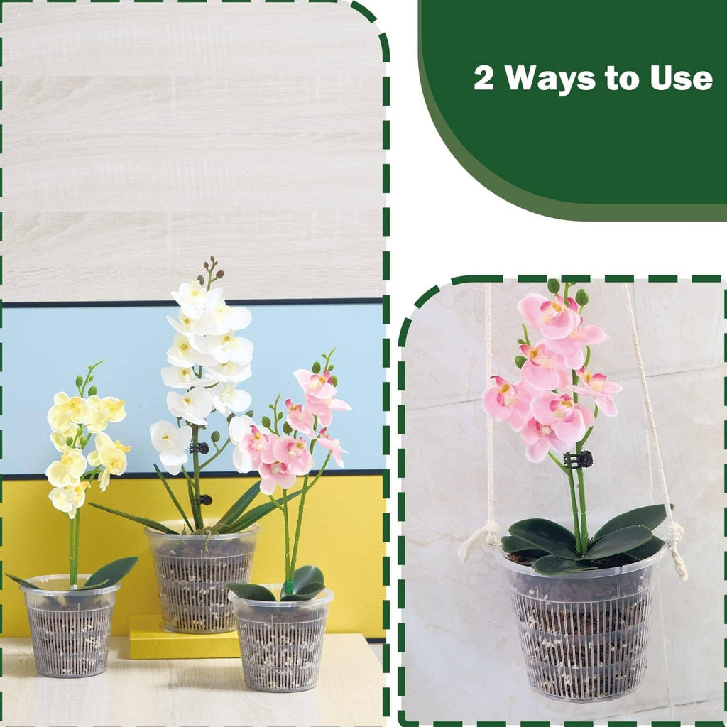 Orchid pot shown on tabletop and used with hanging rope, clear vented plastic cup