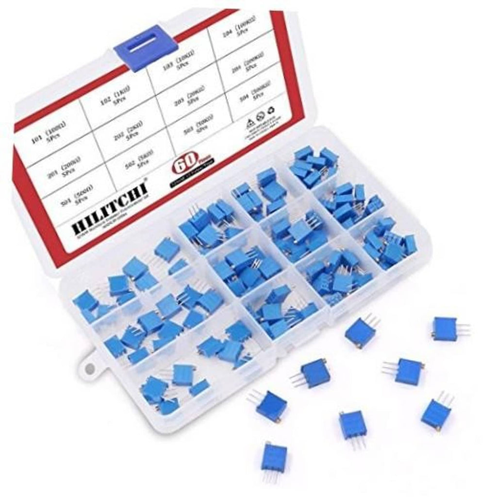 Assorted blue multiturn trimmer potentiometers with three leads in plastic organizer