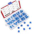 Assorted blue multiturn trimmer potentiometers with three leads in plastic organizer