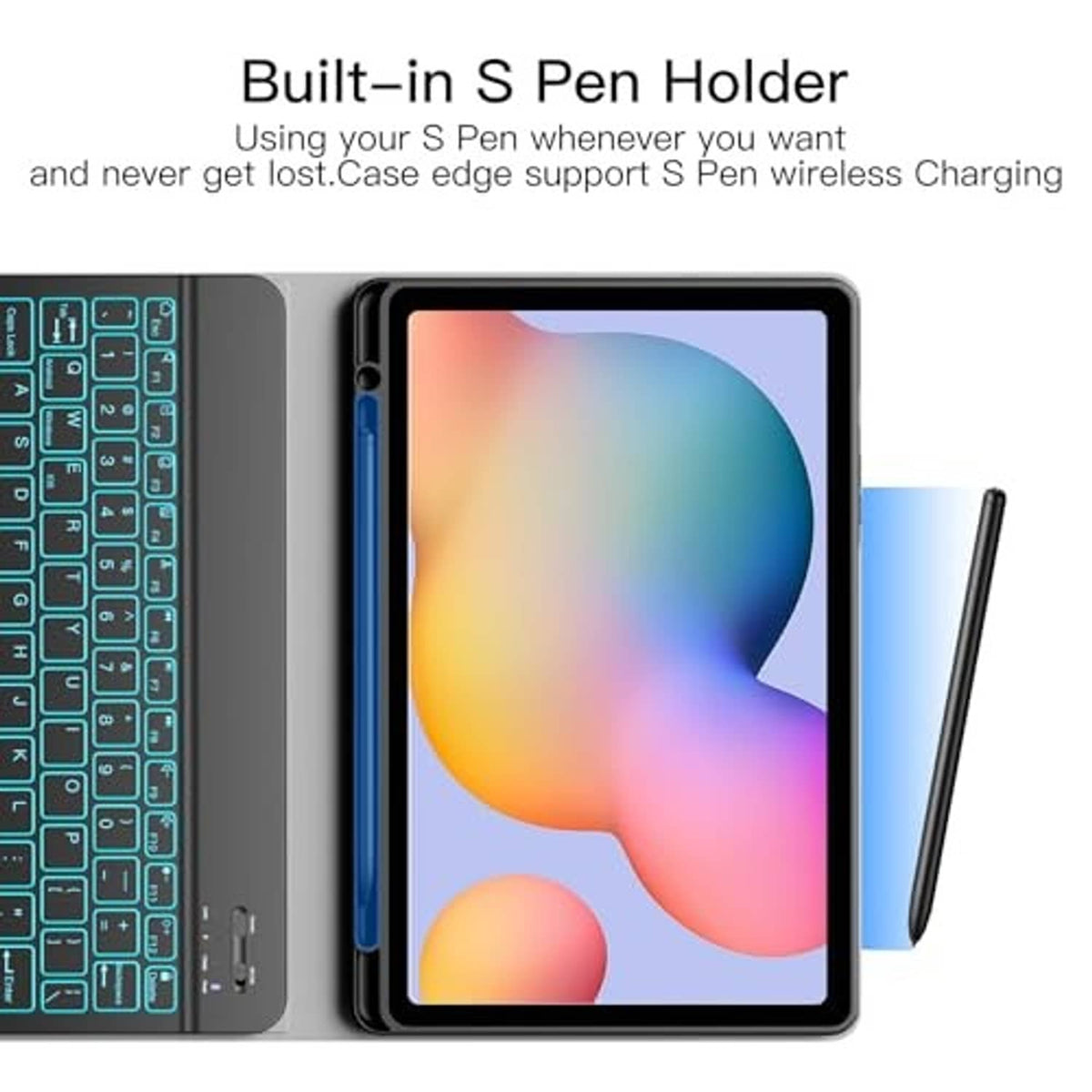 Tablet keyboard case with built-in S Pen holder and illuminated teal keys