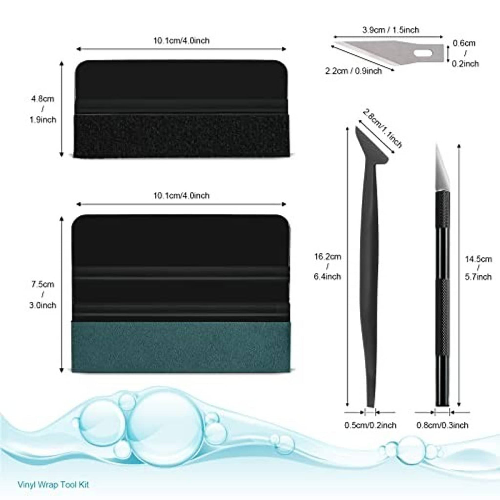 Vinyl wrap tool kit squeegees and blades with measurement diagram