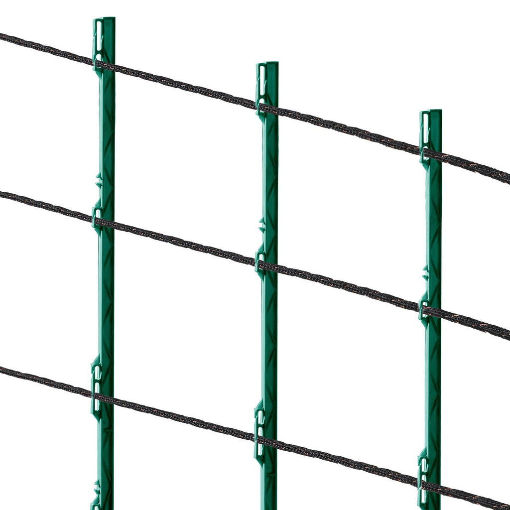 Section of electric fence wire with black strands attached to green posts