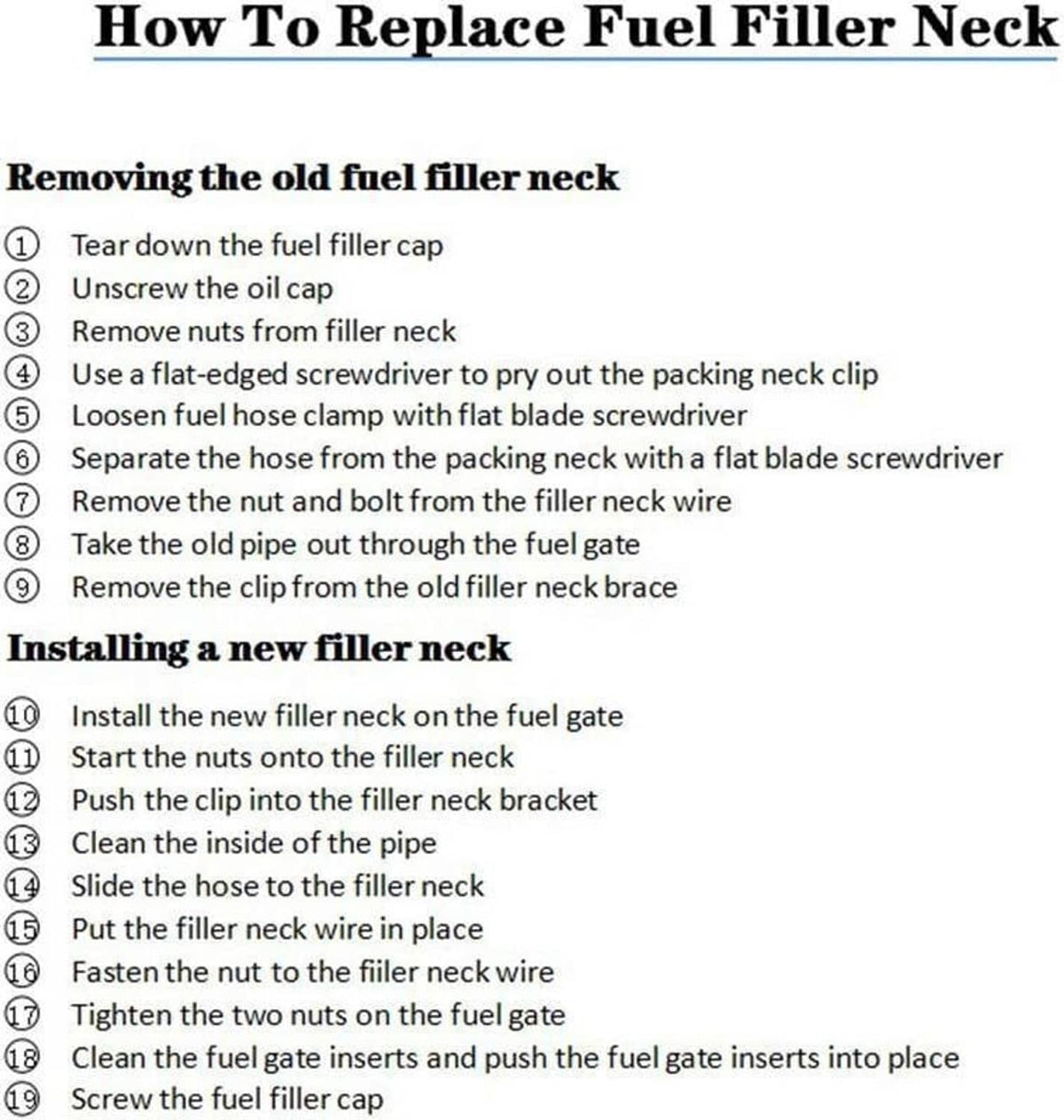 Fuel filler neck replacement instructions chart with numbered steps