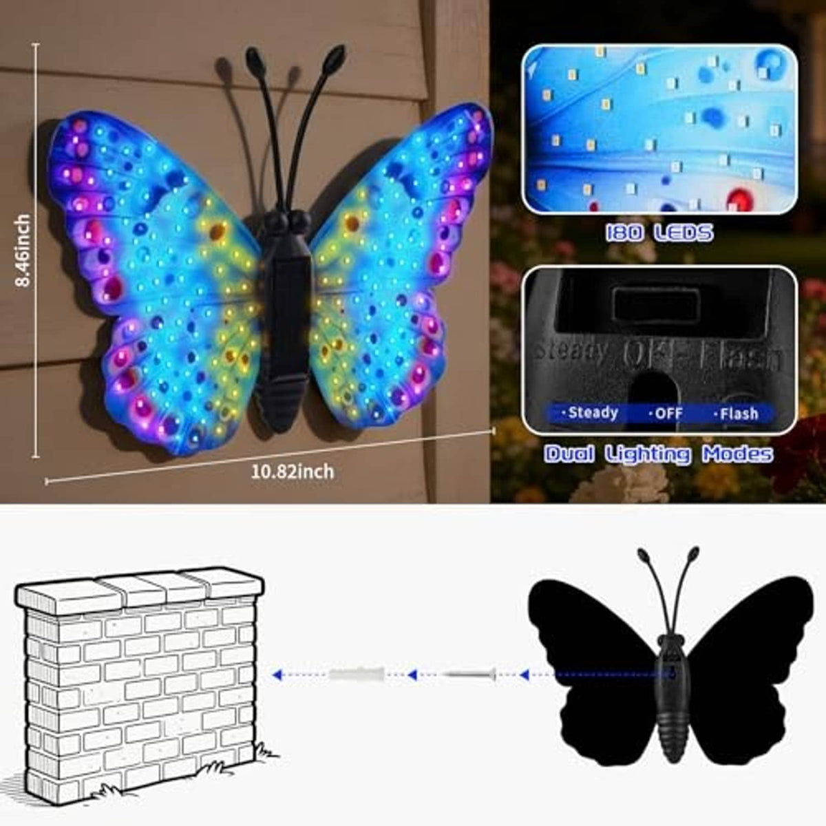 Solar LED butterfly wall decor with multicolor glowing wings, hanging; size shown