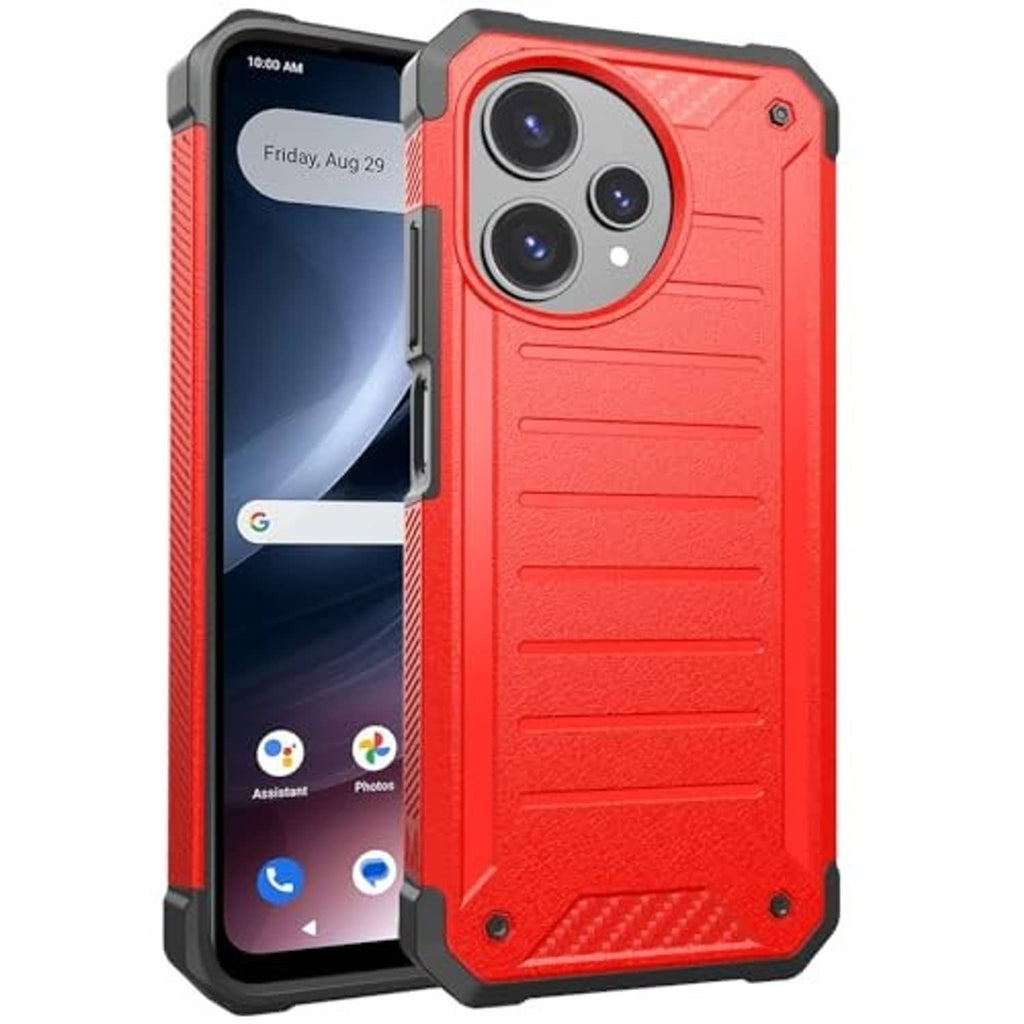 Red rugged phone case with screen protector, triple-lens camera cutout and textured back